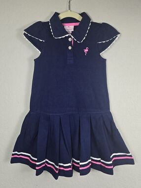 Tommy Bahama Girls Navy Nautical Polo Dress Pink Flamingo Preppy Pleated Size 6